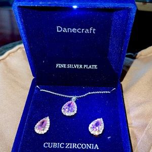 BNWOT Danecraft pink & white cubic zirconia silver plated necklace & earring set